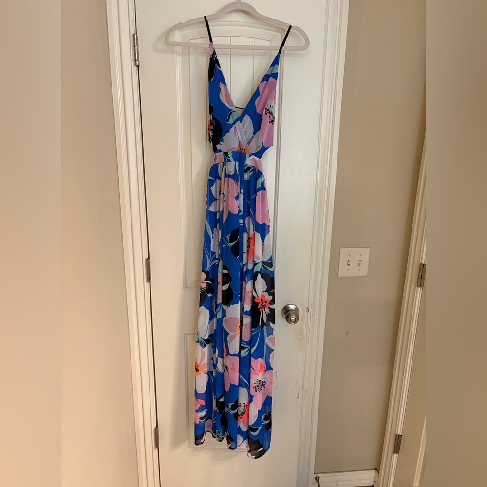 NWT Size small Express Blue Floral Maxi Dress with Pink and Black Accents - Picture 3 of 8